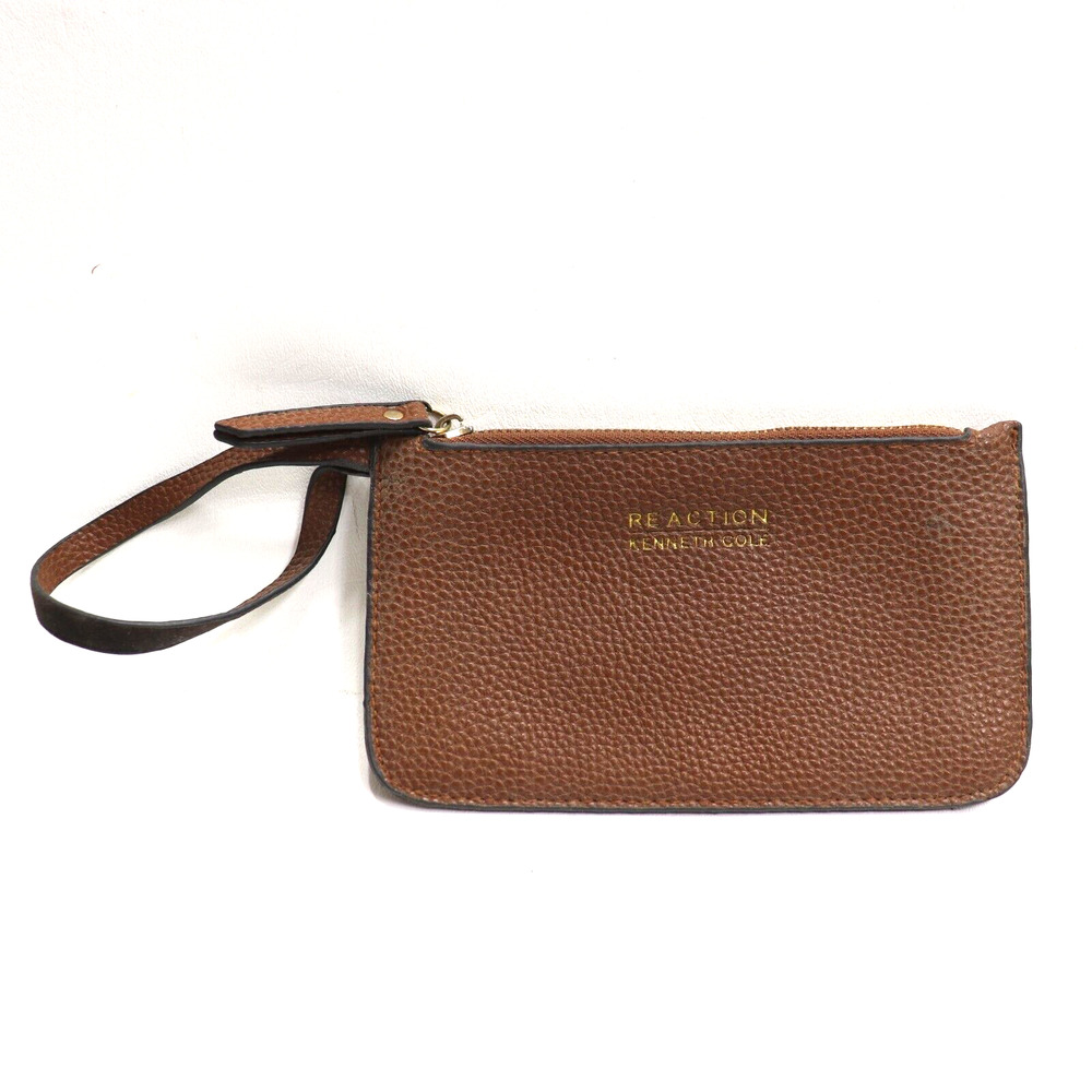 Kenneth Cole Reaction Wristlet Clutch Handbag Brown Pebble Faux Leather Zip